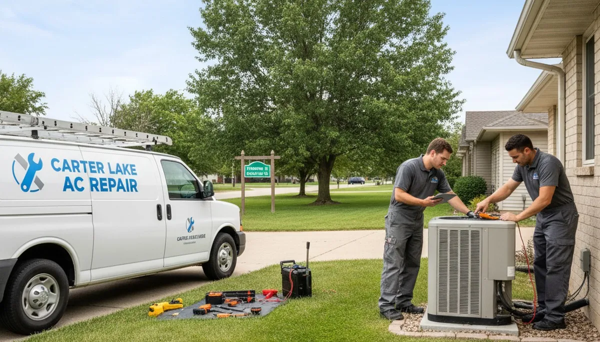 Professional AC repair technician servicing air conditioner unit in Omaha, NE