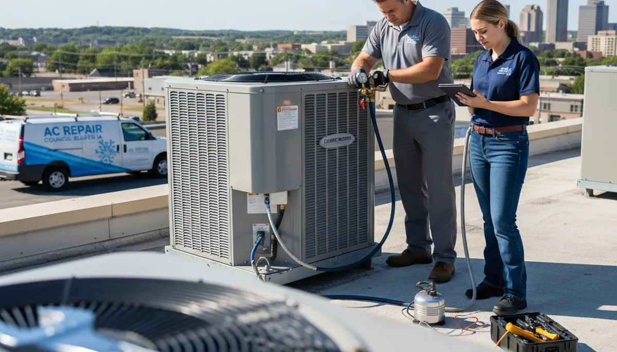 Professional AC repair technician servicing air conditioner unit in Omaha, NE