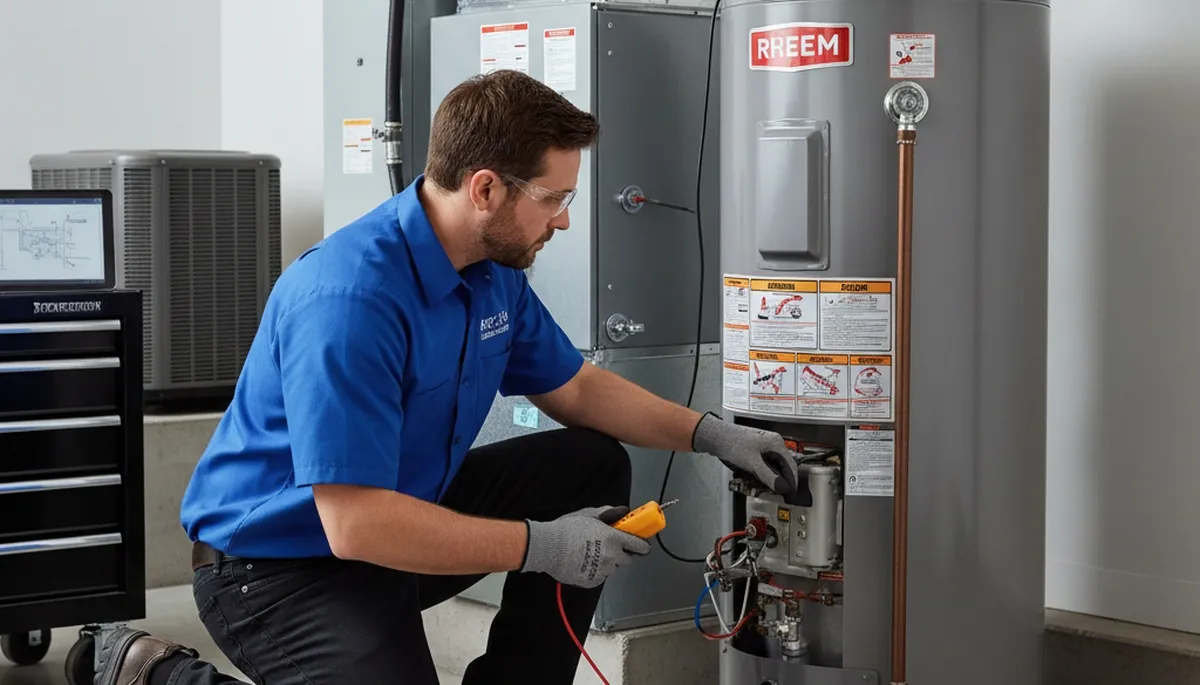 Technician performing water heater repair in Omaha NE home for Five Star Cooling service